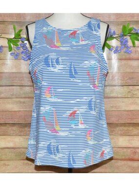 Lands End Swim Suit Tank Top Womens SZ 16 Padded Blue Striped Sailboat Nautical